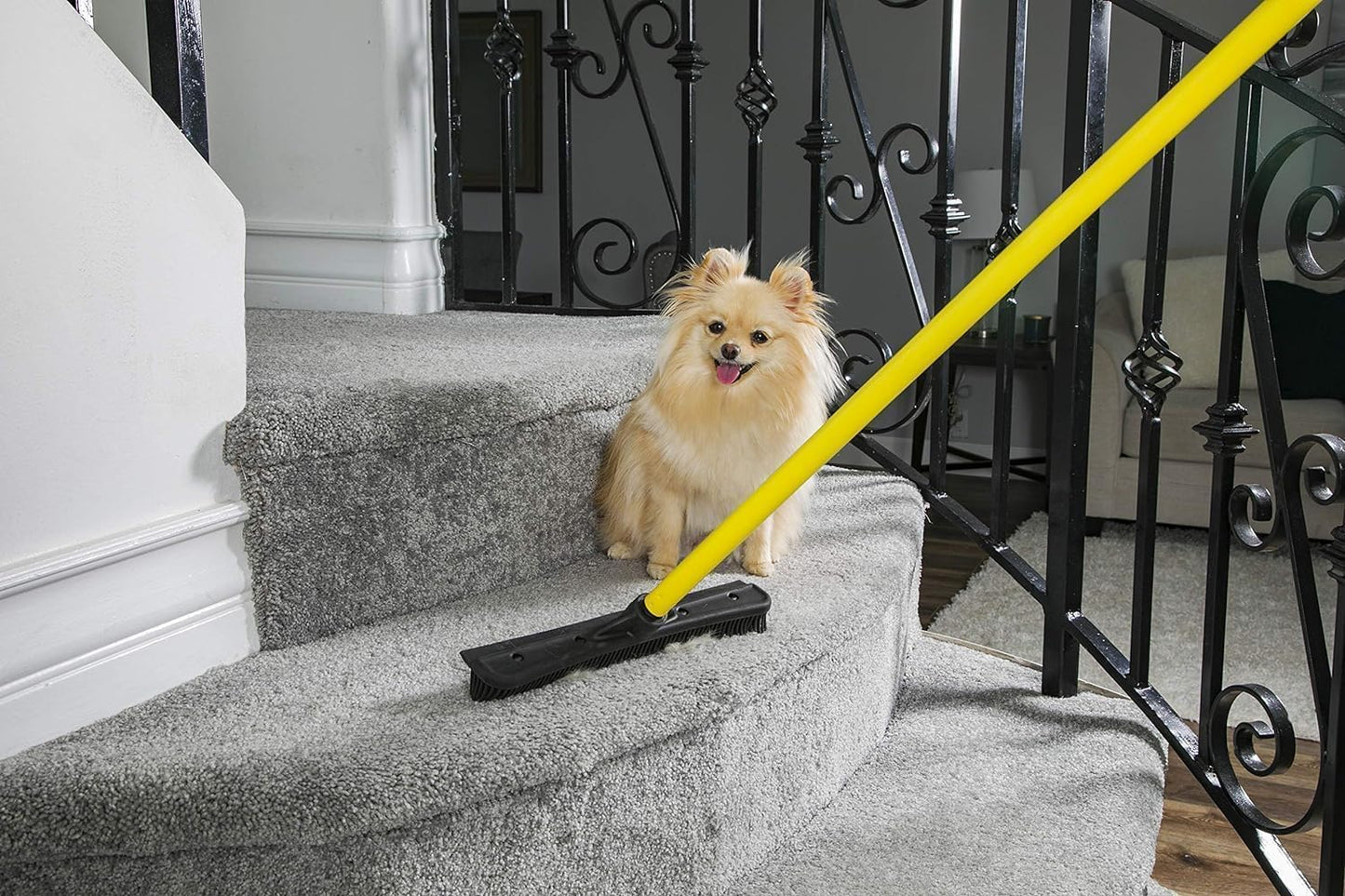 FURemover Broom SW-250I-AMZ-6, Pet Hair Removal Tool with Squeegee & Telescoping Handle That Extends from 3-5', Black & Yellow,1 Count (Pack of 1)