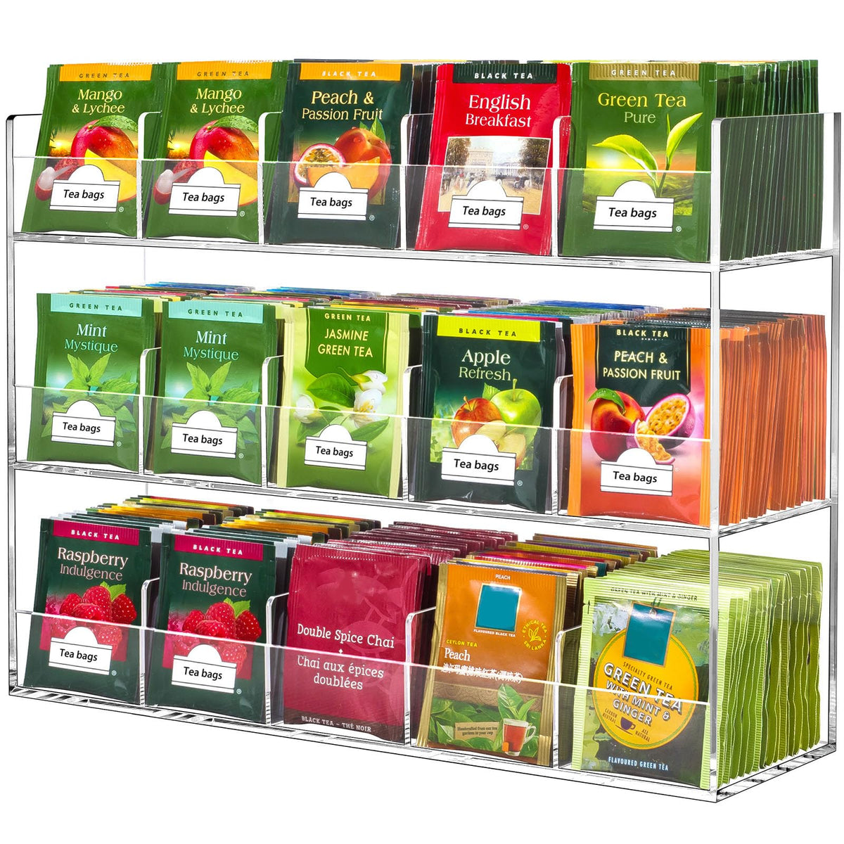 BEYGORM Acrylic Tea Bag Organizer for 270 Tea Packets, No Assembly Required Display Holder for Countertop, Vertical Tea Bag Caddy for Cabinet, Tea bar Accessories, Teabags Storage Containers