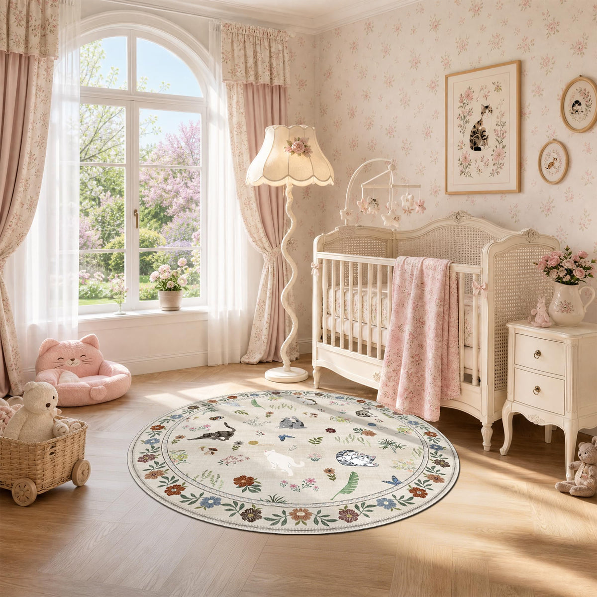AIMPEAK 4ft Round Washable Area Rug - Non Slip Low Pile Cat Floral Boho Circular Carpet for Dining Table Under, Entryway, Living Room, Bedroom, Nursery, Kids Room, Beige Multi