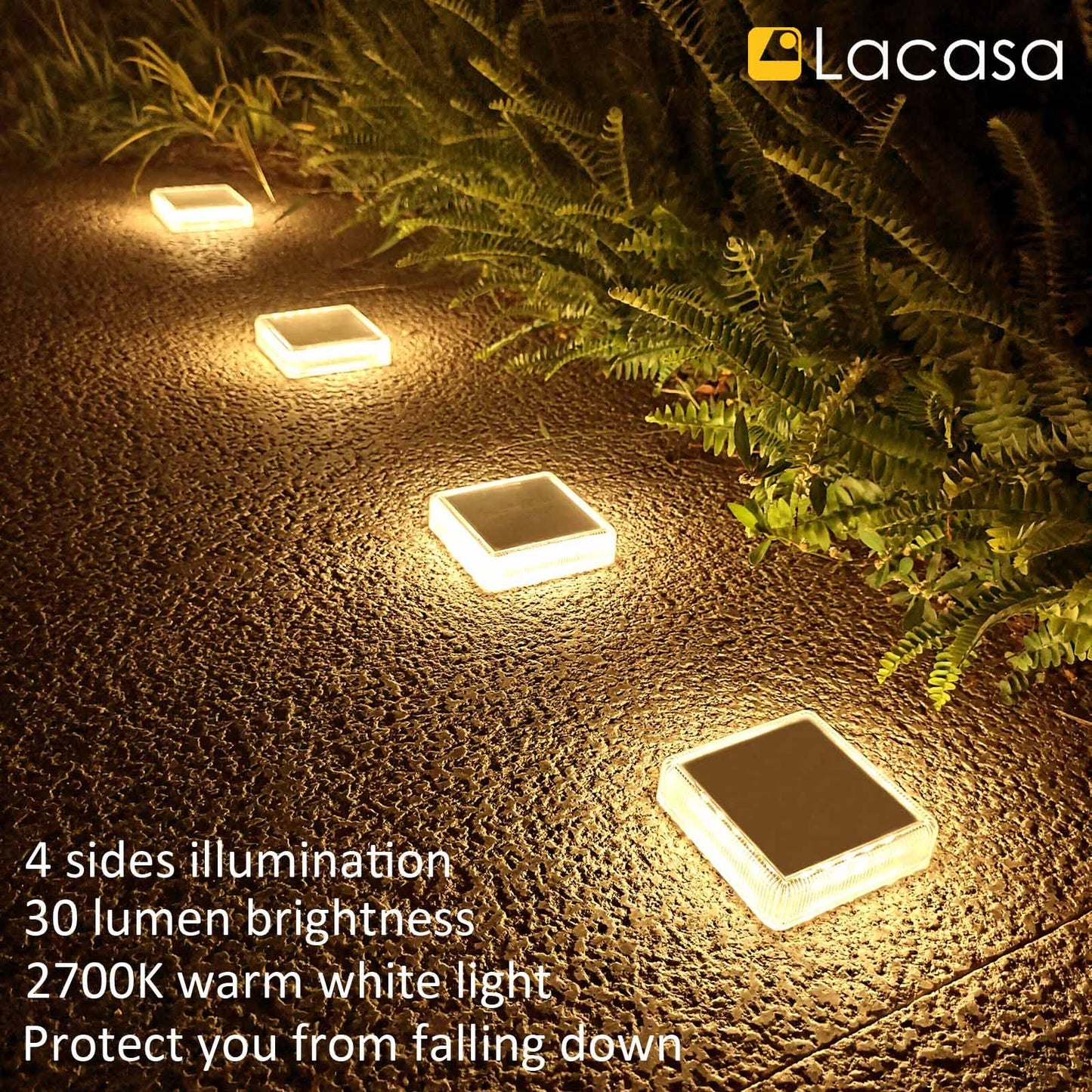 Lacasa Solar Deck Lights, 4 Pack 30LM LED Dock Lights Warm White 2700K, Outdoor Solar Powered Step Lights Light up All Night IP68 Waterproof Auto ON/Off for Garden Stairs Driveway Pathway Lighting