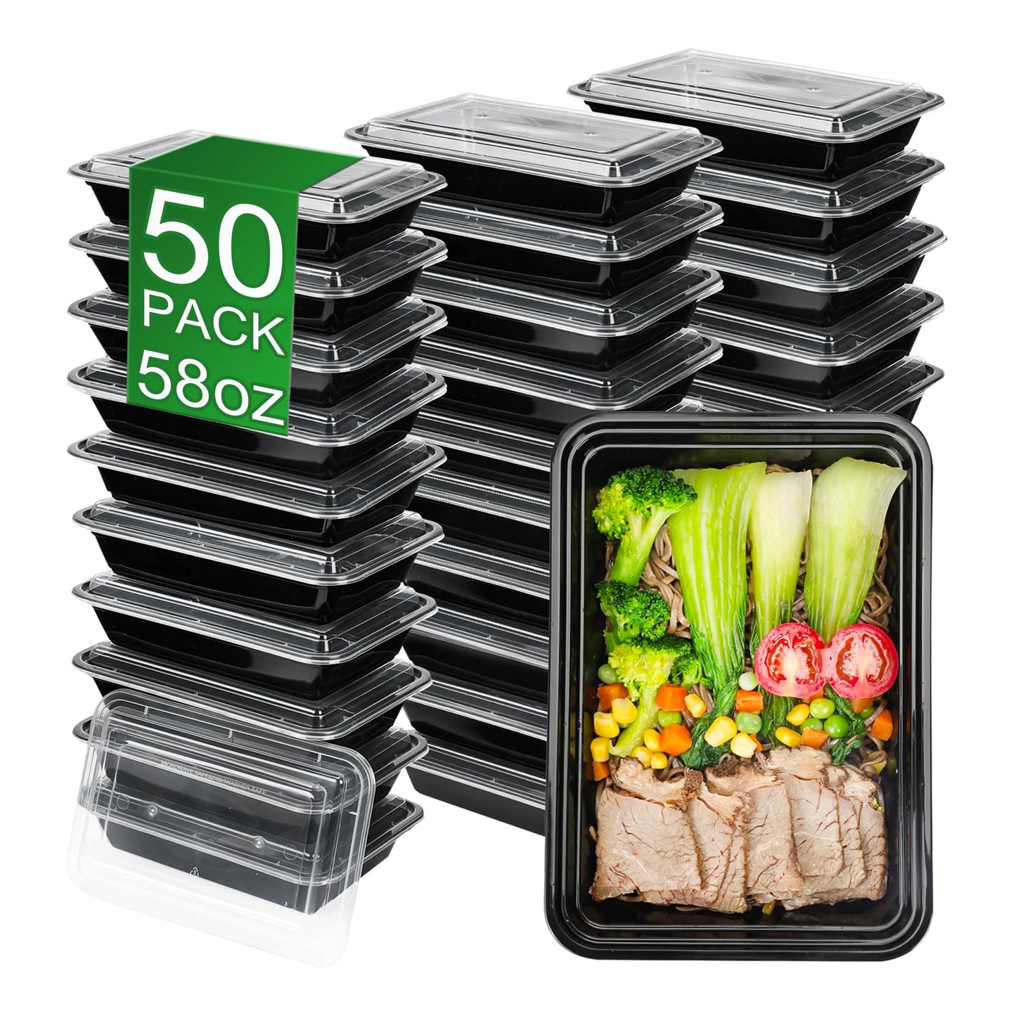 APSIC Meal Prep Containers, 50 Pack 58oz (100-Piece) Disposable Take Out Food Storage Containers with Leakproof Lids, Large Plastic To Go Lunch Boxes, BPA Free, Microwave/Dishwasher/Freezer Safe