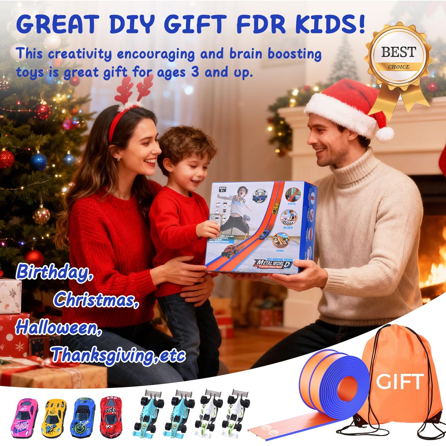 Flexible Race Track for Kids, Portable Flex Track with 4 Strong Suction Cups & 8 Scale Diecast Cars, Flexible Car Tracks for Kids, A Great Birthday Gifts for Boys & Girls Aged 3+ (Orange and Blue)