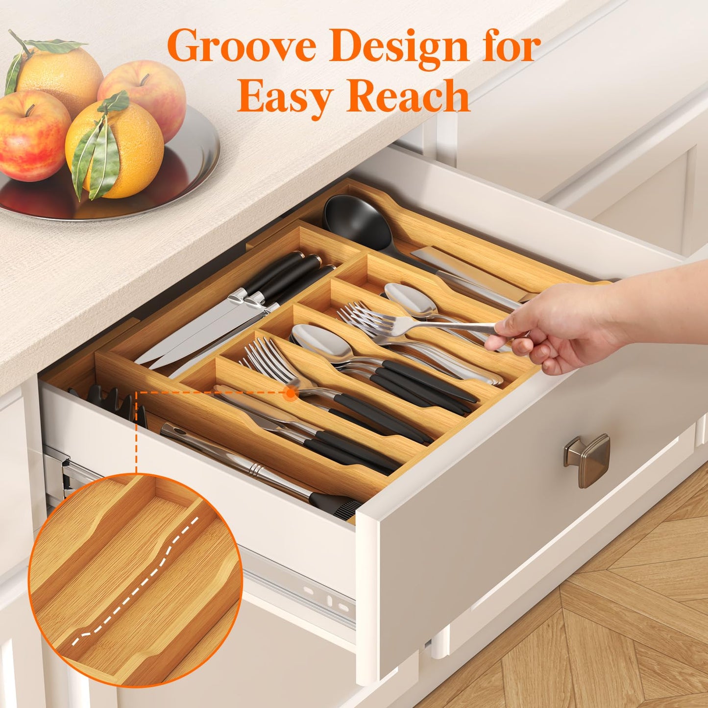 Lifewit Large Cutlery Drawer Organizer, Expandable 13" to 22.4" Utensil Holder for Kitchen, Bamboo Flatware and Silverware Tray, Wood Adjustable Storage for Spoons Forks Knives, Natural