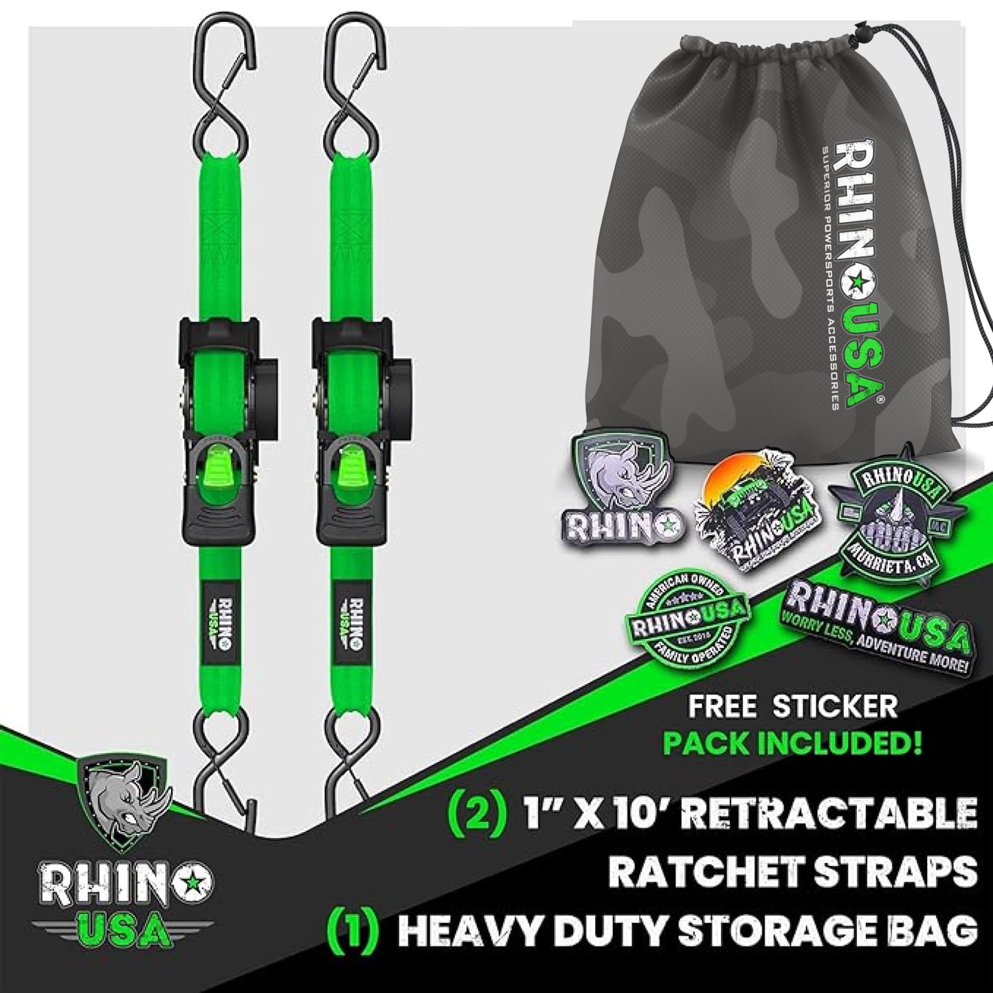 Rhino USA Retractable Ratchet Straps (2-Pack) - 1 Inch x 10 Feet (1,209lb Break Strength) - Auto Self Retracting Tie Down Straps for Truck, Cargo Trailer, Motorcycle, Rad & More - Green