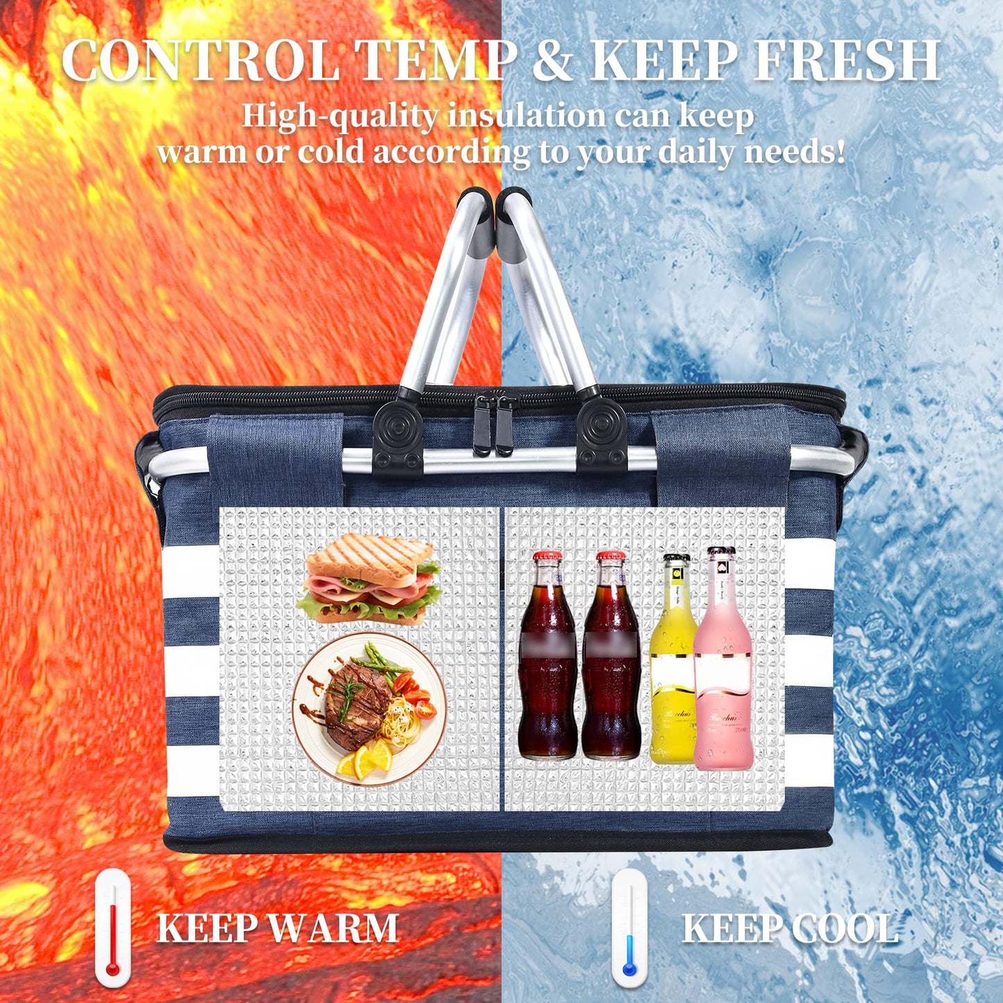 KEFOMOL Insulated Picnic Basket,Leak-Proof Collapsible Cooler Bag,26L Grocery Basket with Lid,2 Sturdy Handles,Storage Basket for Picnic,Food Delivery,Take Outs,Market Shopping,Travel (Blue)