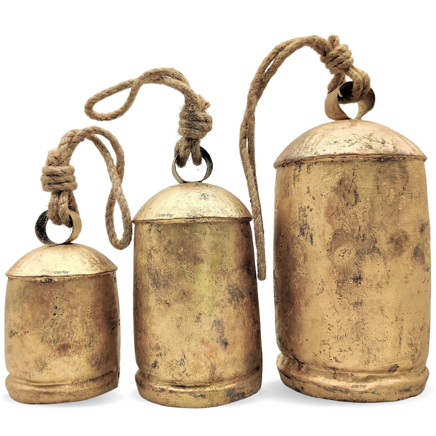 Carfar Shabby Chic Set of 3 Country Rustic Style Bells Handmade Metal Harmony Christmas Hanging Cow Bell Set on Jute Rope (Large)