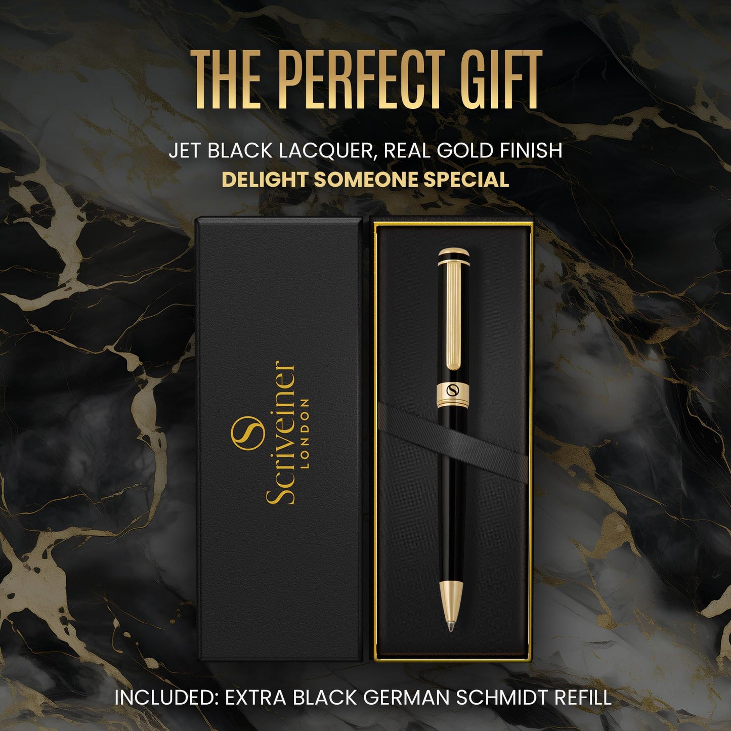 Scriveiner Black Lacquer Ballpoint Pen - Stunning Luxury Pe, Real Gold Plating, Schmidt Black Refill, Best Ball Pen Gift Set for Men & Women, Professional, Executive, Office, Nice Pens