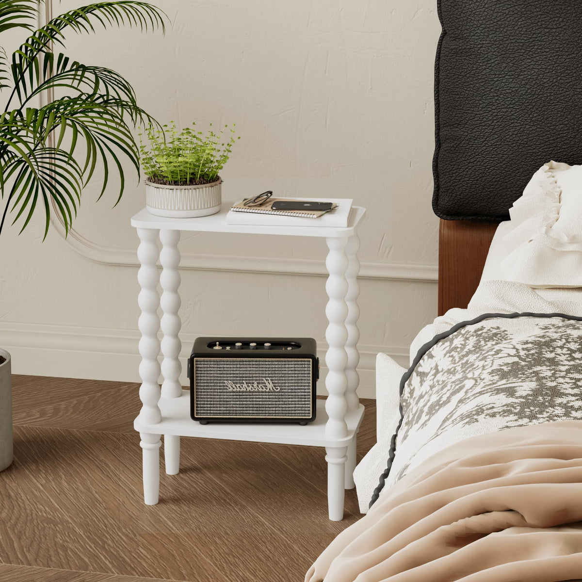 Veegle Narrow Side Table, Small End Table with Storage Shelf, Modern Bedside Table Night Stand for Living Room, Bedroom, Office and Small Spaces (White)