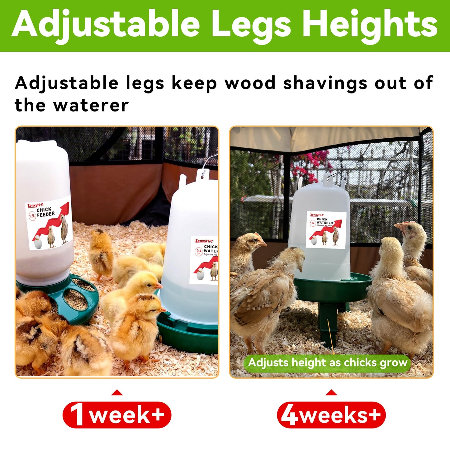ZenxyHoC Chick Feeder and Waterer Set, 1L Feeder and 1.5L Waterer with 3 Adjustable Heights for Baby Chicken Duck Brooder