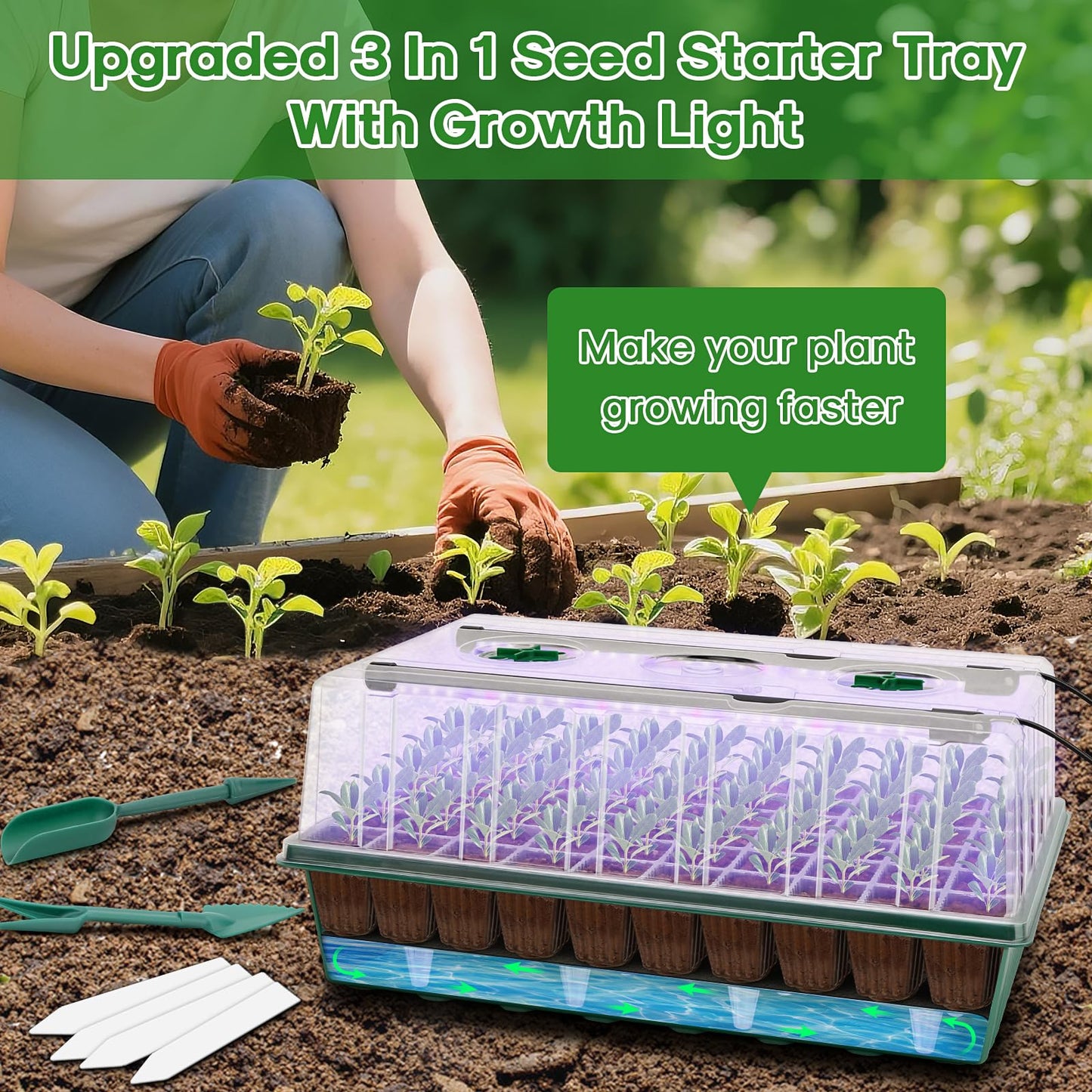 Blumway Self-Watering Seed Starter Tray Kit with Grow Light and Humidity Dome, 3 Color Growing Light,120-Cell Plant Seedling Tray,Reusable Germination Trays,Adjustable/Timed Plant Starter Set