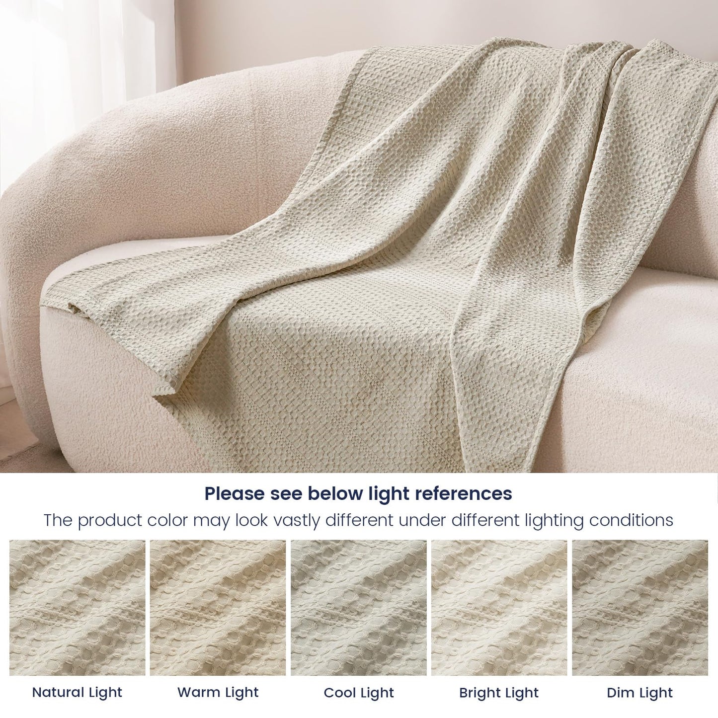 PHF Soft Waffle Weave Blanket Queen Size 90''x90'' - Lightweight and Breathable Woven Blankets for All Season - Great Decor for Couch Bed Sofa - Natural/Linen