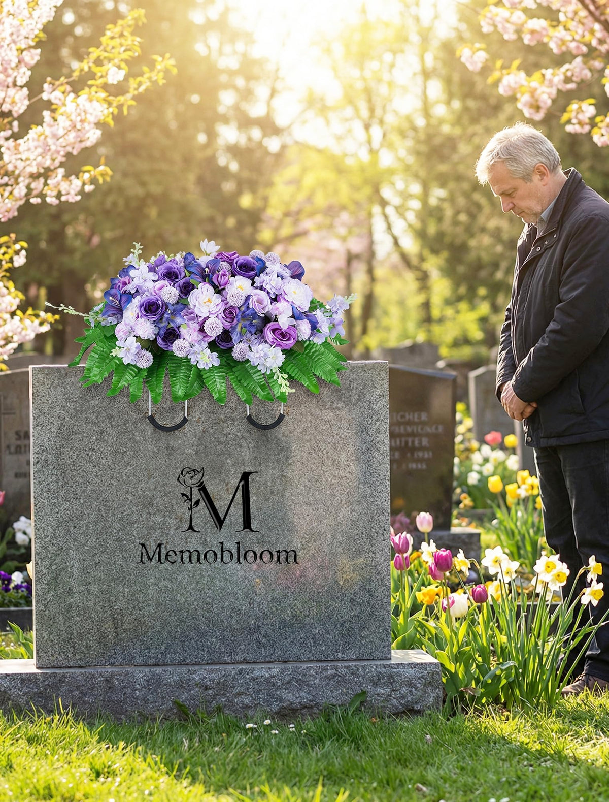 Memobloom Cemetery Flower Saddles for Headstones: Purple Flowers Artificial Outdoors Grave Decorations Spring Easter Memorial Day - Fake Rose Camellia Tombstone Flowers Saddle for Cemetery Gravestone