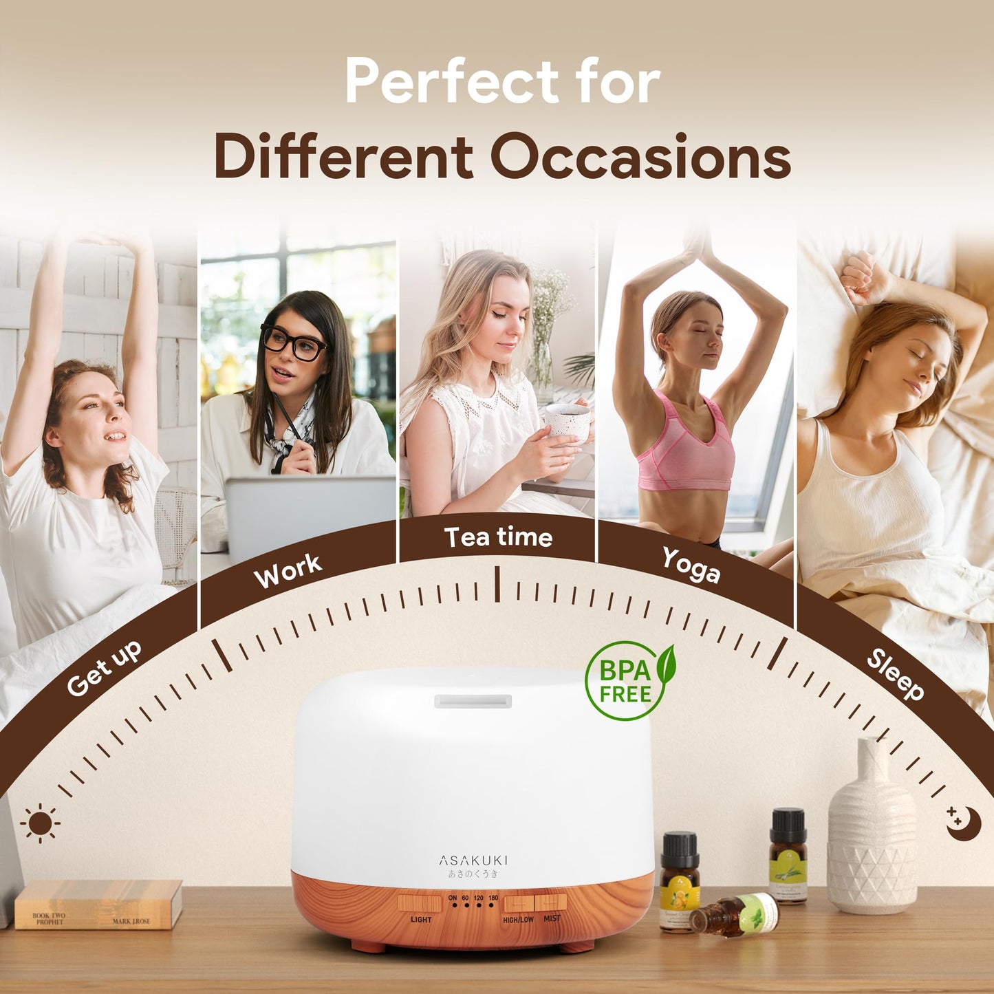 ASAKUKI 500ml Essential Oil Diffuser, 5 in 1 Premium Ultrasonic Aromatherapy Fragrant Oil Vaporizer Humidifier with Remote Control, 3 Timer and Auto-Off Safety Switch, 7 LED Light Colors