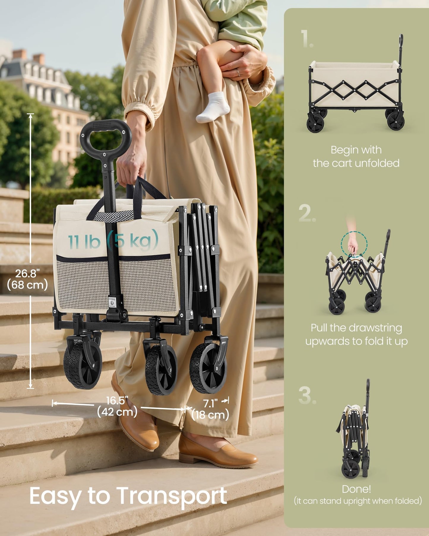 SONGMICS Collapsible Wagon, Foldable Wagon Cart, Folding Camp Cart with Wheels, for Outdoor, Yard, 180 kg Dynamic Weight Capacity, 90 L, Sand Beige UGFW909LF01