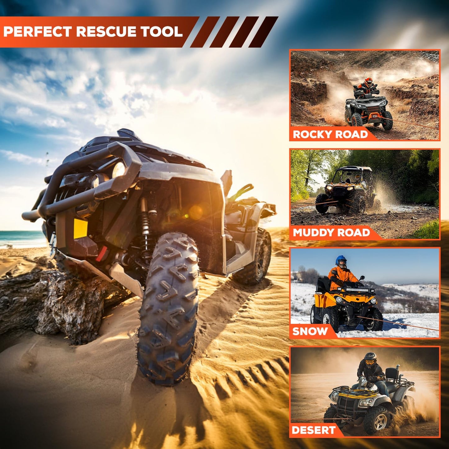 YUNPEAK Synthetic Winch Rope Kit, 1/4" x50 ft 10000LBS Winch Cable Replace Kit, with Protective Sleeve, Heavy Duty Hook, Rubber Stopper, Safety Pull Strap for Off-Road 4x4 Vehicles ATV UTV(Orange)