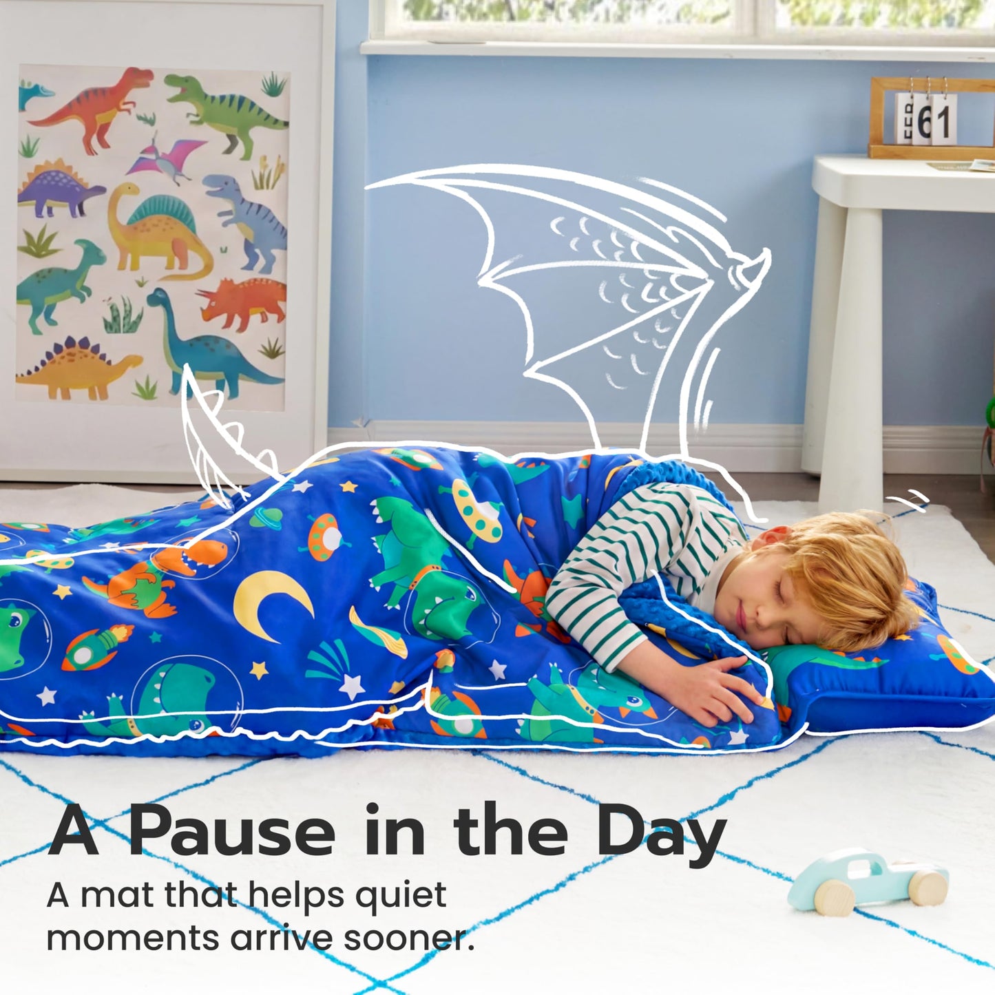 JOIEDOMI Toddler Sleeping Bag for Kids 55''x30'' Nap Mat with Removable Pillow and Minky Blanket for Toddler Ages 3-7 Roll Up Kids Sleeping Bag for Boys Girls Kindergarten Daycare Sleepover Dinosaur
