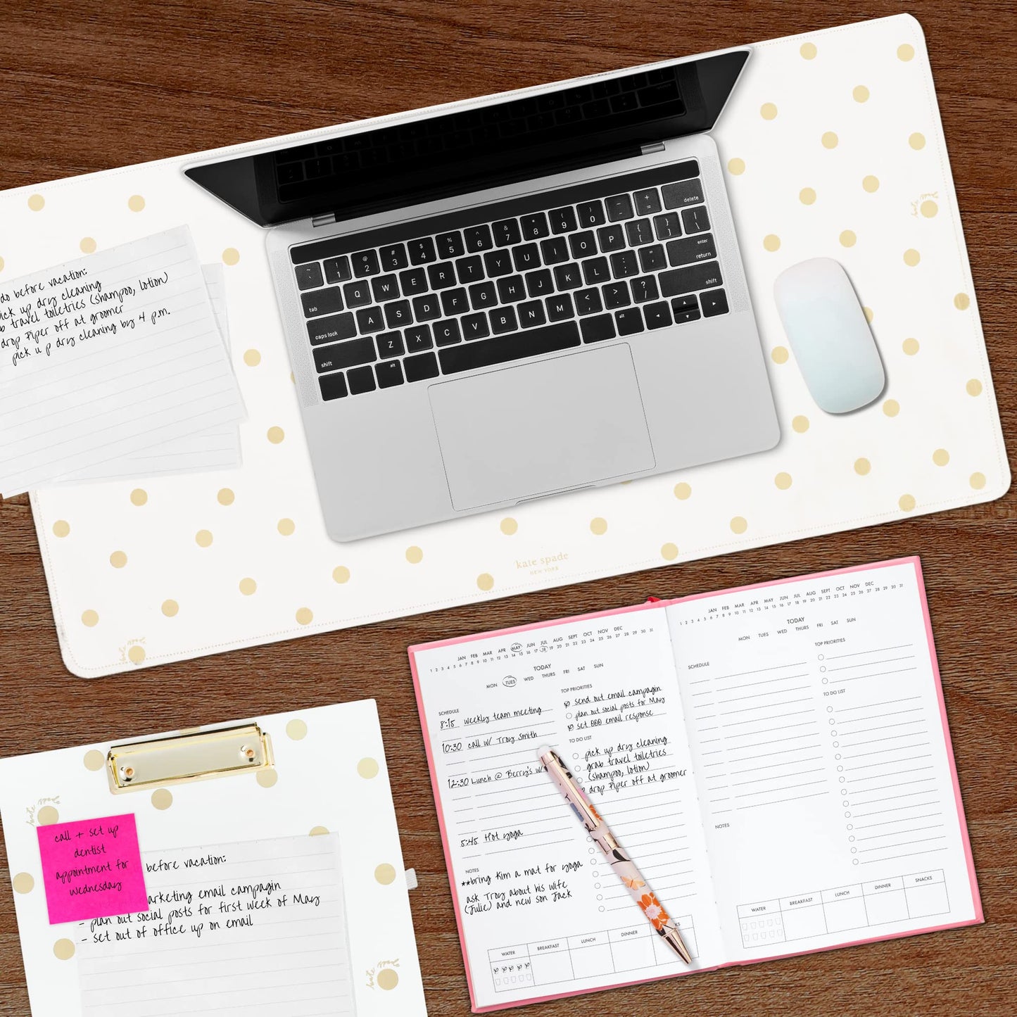 Kate Spade New York Decorative Desk Pad, Vegan Leather Keyboard and Mouse Pad for Desktop, Gold Dot with Script
