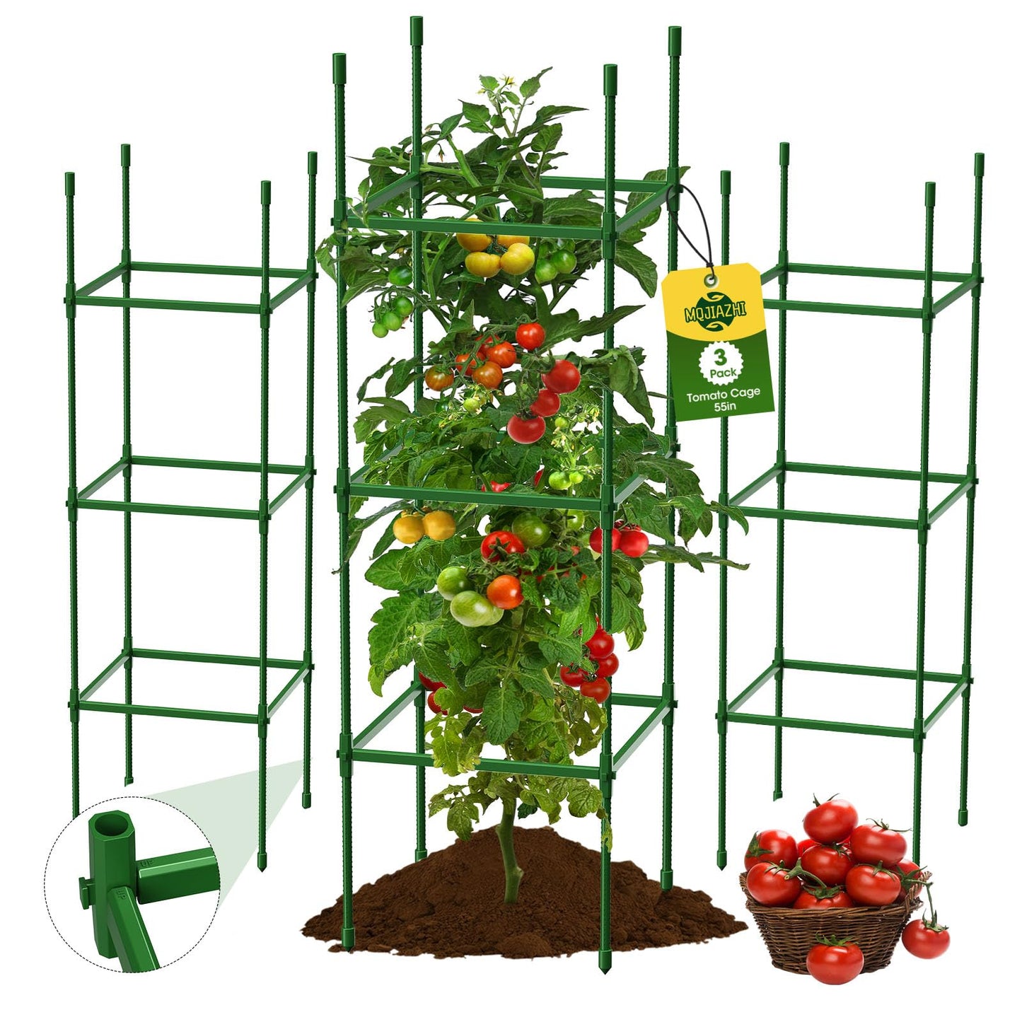 MQJIZHI 3 Pack Tomato Cages for Garden, Upgraded Adjustable Tomato Trellis for Raised Garden Beds up to 55in/140cm, Heavy Duty Plant Support for Climbing Vegetables, Flowers & Fruits(Square)
