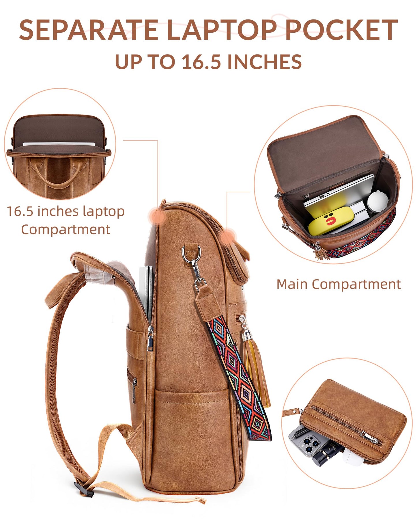 SYTRAH Leather Laptop Backpack for Women Designer Laptop Bag, 16.5 inch Travel Computer Backpacks Purse with Tassel for Work Business Brown