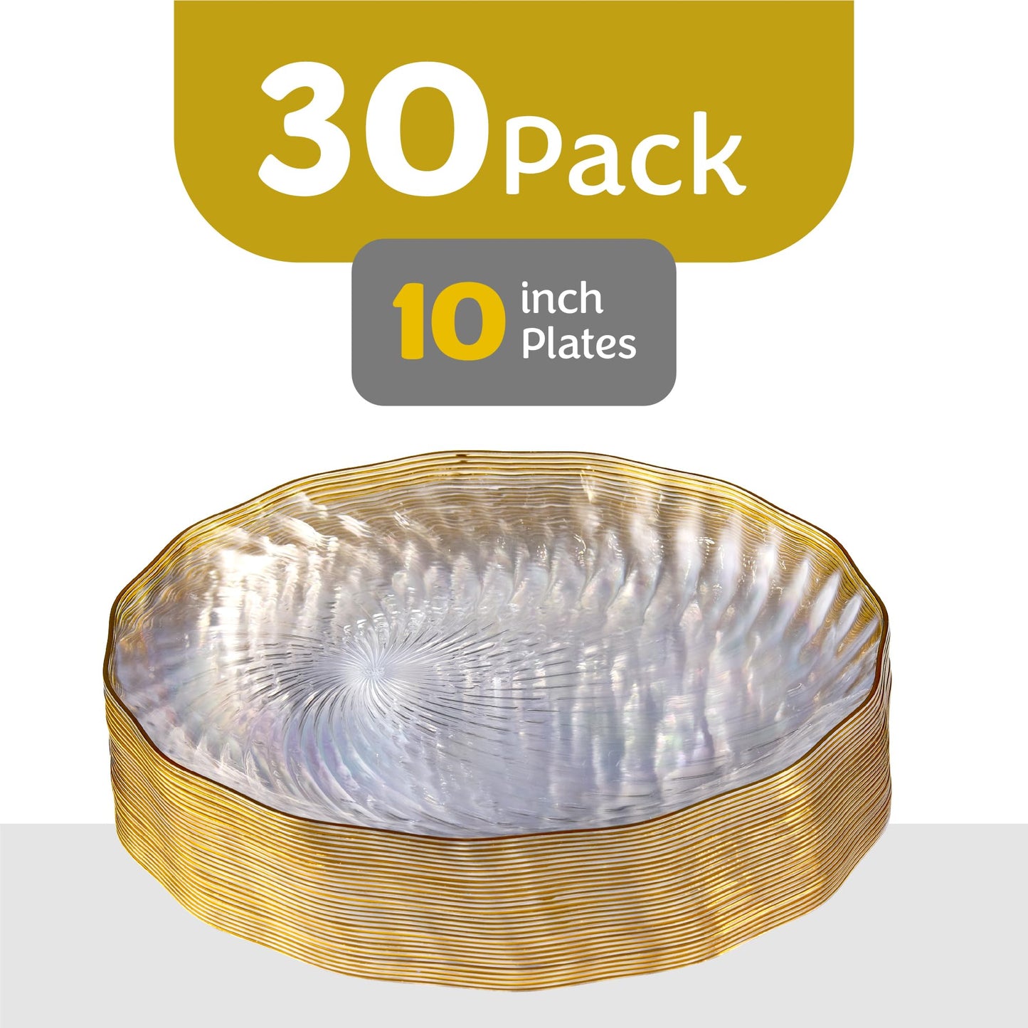 PLASTICPRO 30 Pack Elegant Plastic Plates 10 inch Clear with Gold Rim Spiral Design Disposable Plastic Dinner Plates