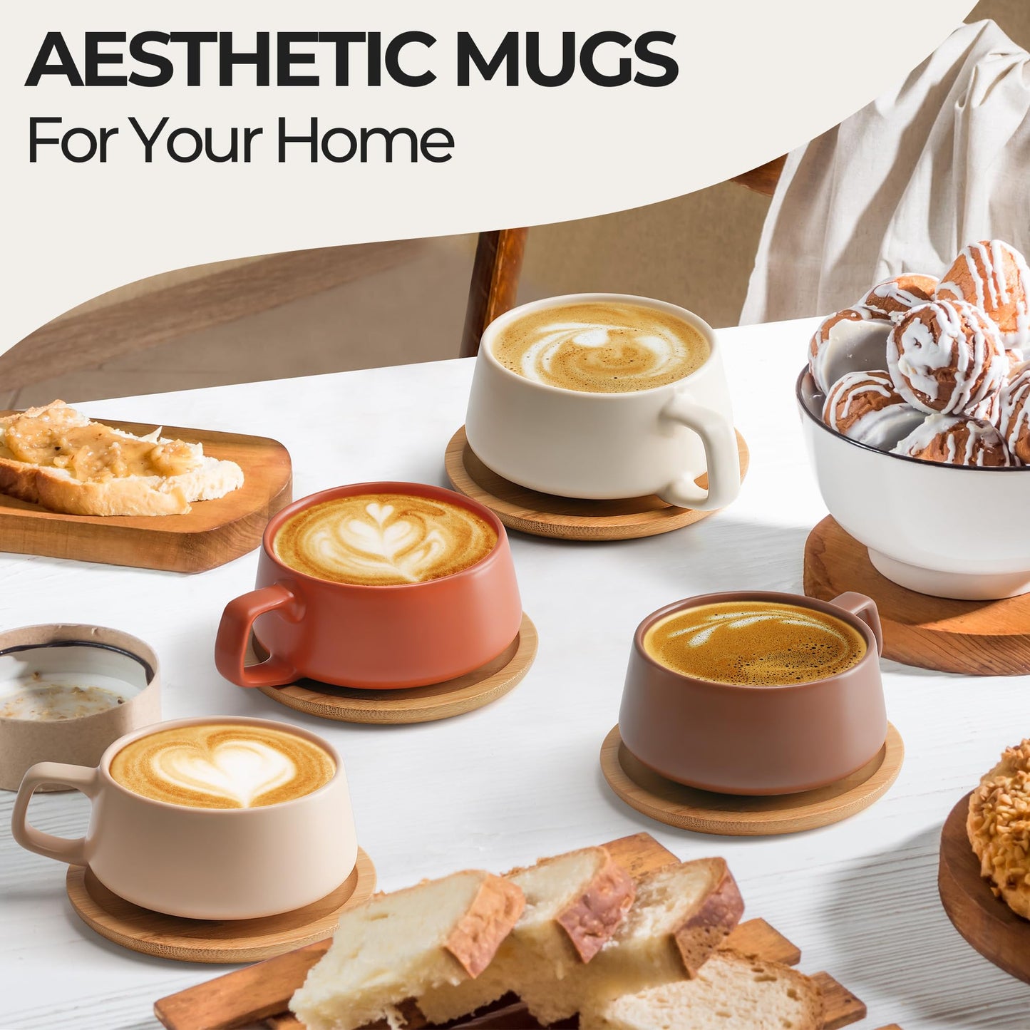 MIAMIO – 320 ml., Set of 4 Ceramic Tea Cup and Saucer Bamboo/Tea Mug - Wide Cappuccino Cup, Coffee Cups Ceramic Mug for Cappuccino, Latte, Espresso & Americano - Luxe Collection (Beige Pastel)