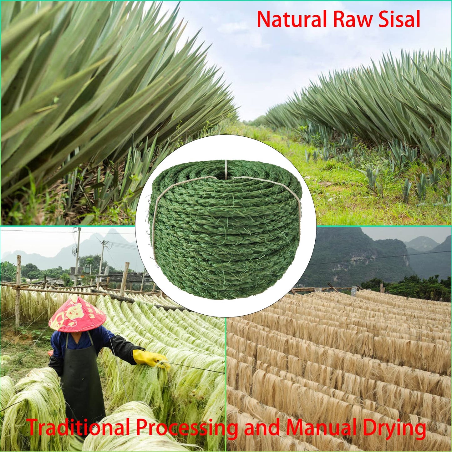 6 mm x 50 m (1/4 in * 164 ft) Sisal Rope for Cat Cactus Scratching Post, Cat Rope for DIY Cactus Cat Tree & Repair Cat Scratcher, Green