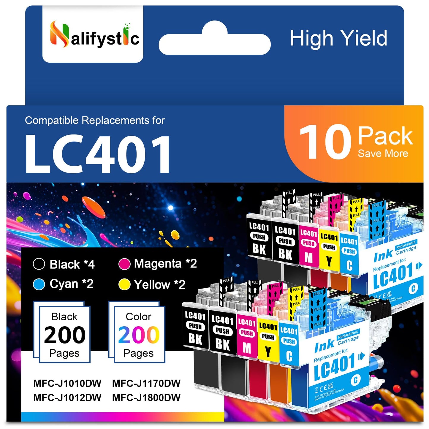 LC401 Ink Catrtidges bk c m y 10 Pack Replacement Compatible for Brother LC401 LC401XL Ink for MFC-J1170DW MFC-J1800DW MFC-J1012DW MFC-J1010DW (4 Black/2 Cyan/2 Magenta/2 Yellow)