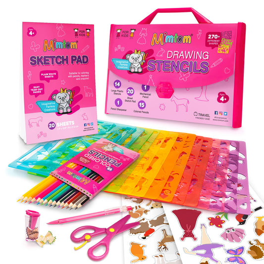 Mimtom Drawing Stencils Set for Kids and Girls | 51 PC Arts and Crafts Stencil Kit with Over 270 Shapes to Unleash Your Child's Creative Mind | Kid-Safe Educational Activity Toy for Ages 4 & Up