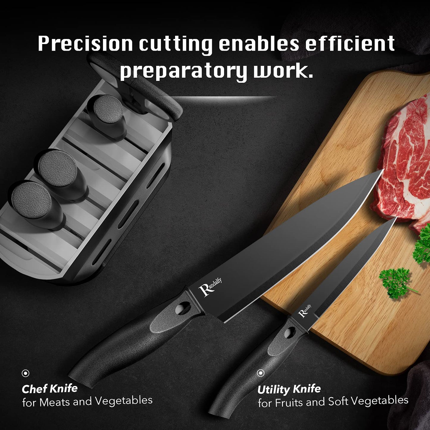 Randalfy Kitchen Knife Set with Block, 7 Pieces Chef Knife Set with Knives, Scissor, Block for Meat/Vegetables/Fruits Chopping, Slicing, Dicing&Cutting, Black