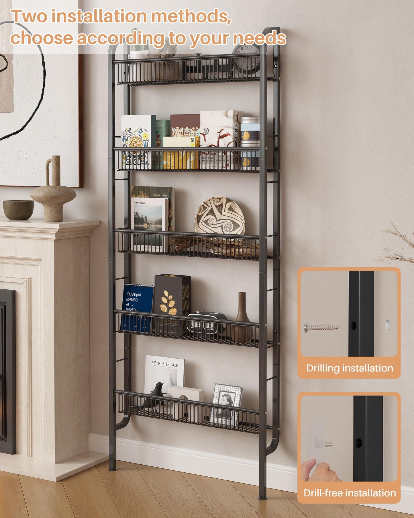 UMDONX Narrow Metal Storage Shelf Behind Door Organizer 5 Tier, Bookshelf Bookcase Book Rack Bathroom Shelving Unit Multifunctional (Black 62x9x160cm)