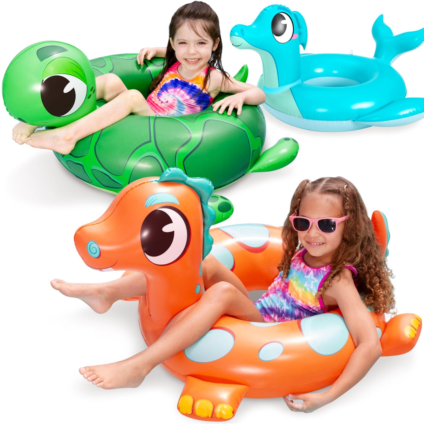 32" 3 Pack Inflatable Pool Tubes Pool Floats, Dinosaur & Sea Turtle & Dolphin Swimming Rings for Kids Swimming Pool Beach Summer Water Float Party Outdoor