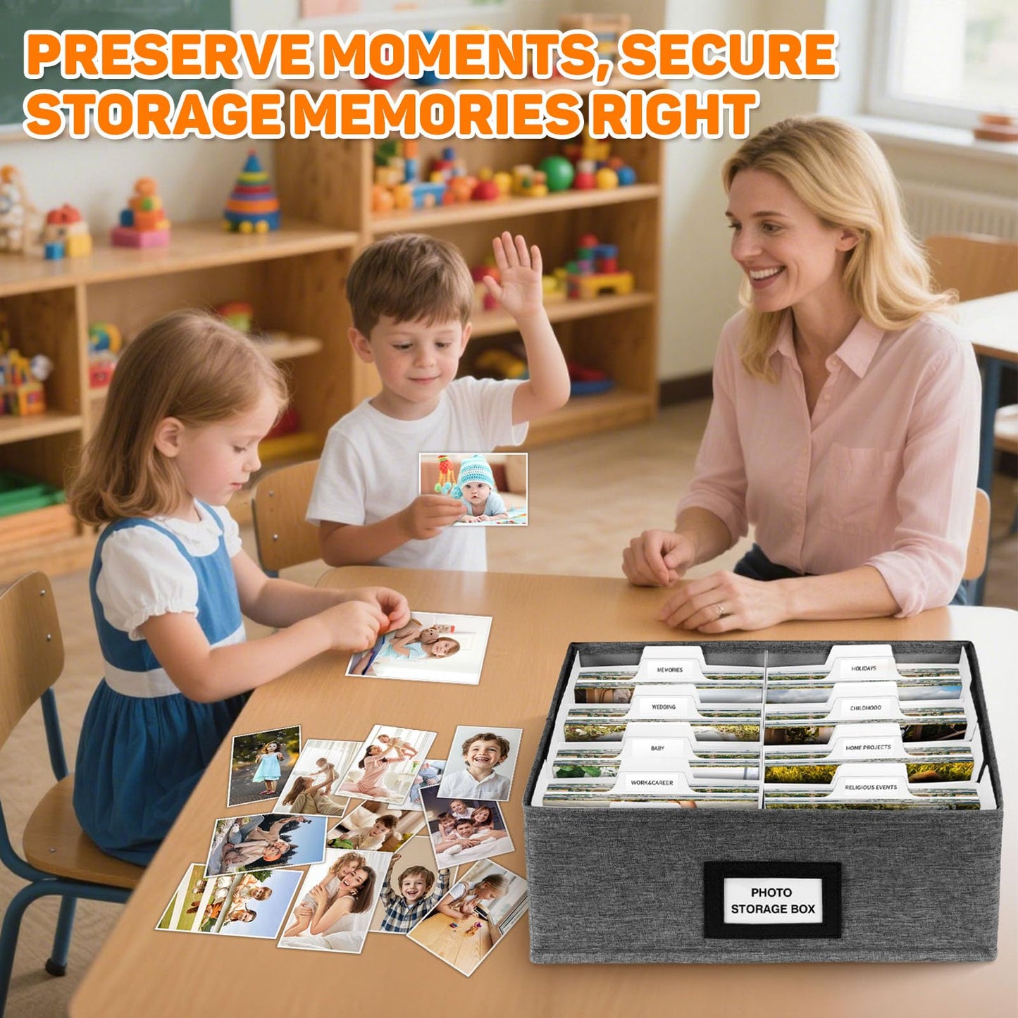 Photo Storage Box with Lid, Photo Organizer Box Fits Holds Up to 1700 and 4x6 Pictures, with 8 Adjustable Dividers, 60 Labels, Photo Album Box for Envelopes, Scrapbooking, Recipes,Cards, Stamps