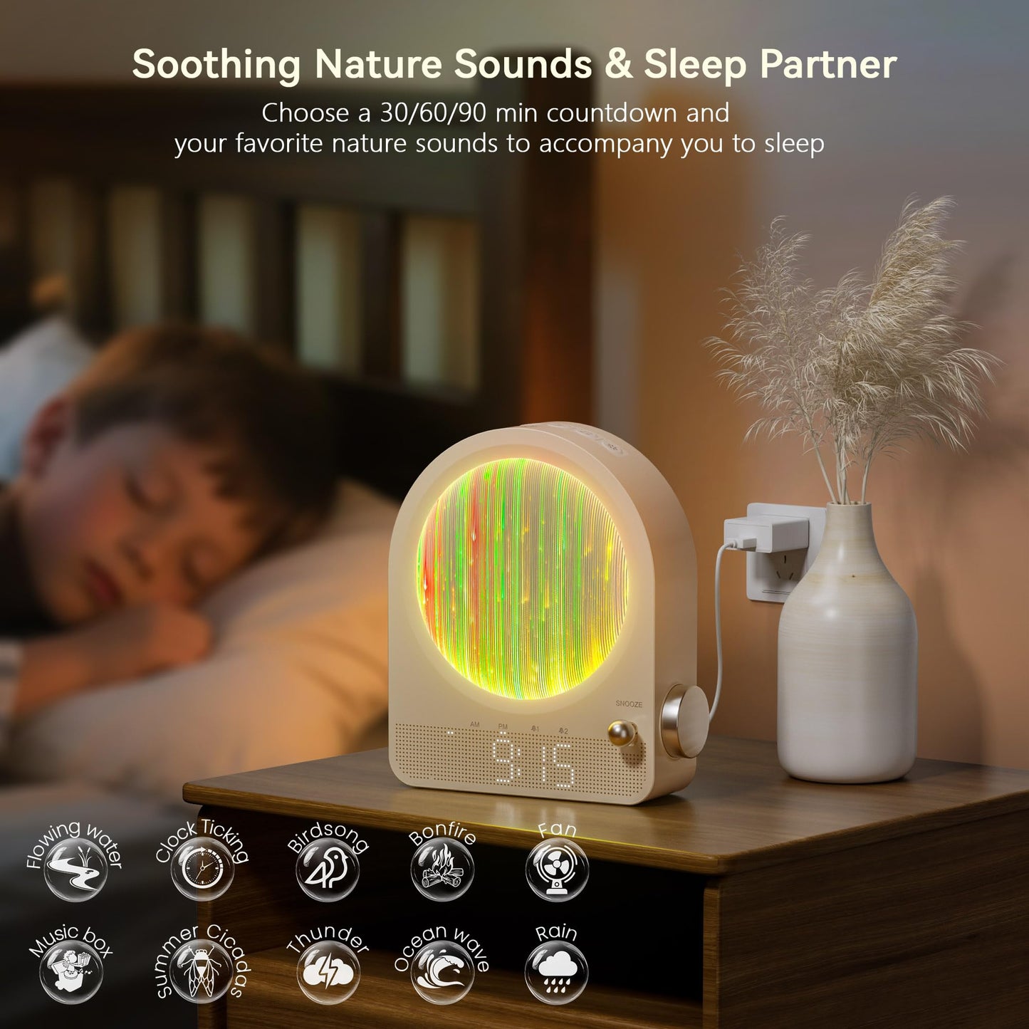 Blonbar Sunrise Alarm Clock, Wake Up Light, White Noise Machine with 9 RGB Aurora & Meteor Night Light, 10 Soothing Sounds, Touch Control Stepless Dimmable Bedside Lamp for Kids, Bedrooms