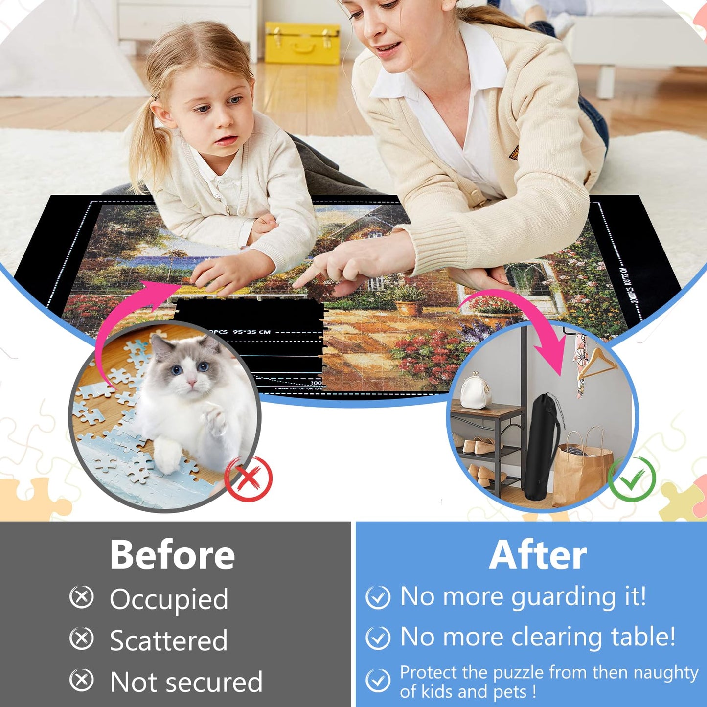 Jigsaw Puzzle Mat Roll Up 3000 Pieces Puzzles Felt Save Mats Puzzle Storage Puzzle Saver Puzzle Keeper with Sorter Trays Drawstring Storage Bag