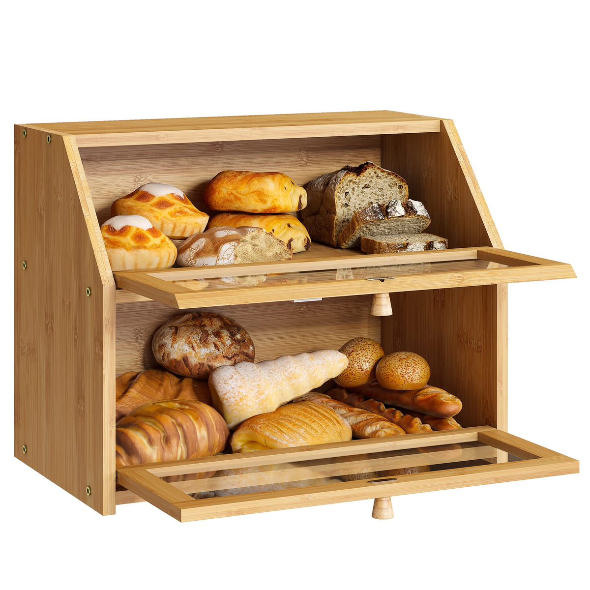 Bread Storage Farmhouse Bread Box For Kitchen Countertop Bread Container With Clear Window Breadbox Double Layer Bamboo Wooden Extra Large Capacity Bin Kitchen Food Storage Container (Trapezoid Bread Box)