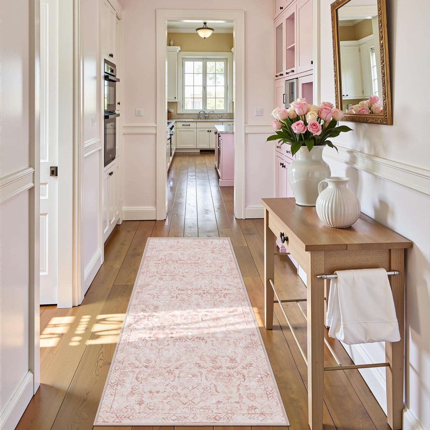 Pink 2x6 Runner Rug for Hallways Bed Side Kitchen, Boho Washable Distressed Low-Pile Floor Entryway Long Bathroom Mat, Non-Slip Laundry Room Washstand Front Carpet 24x72 Inch
