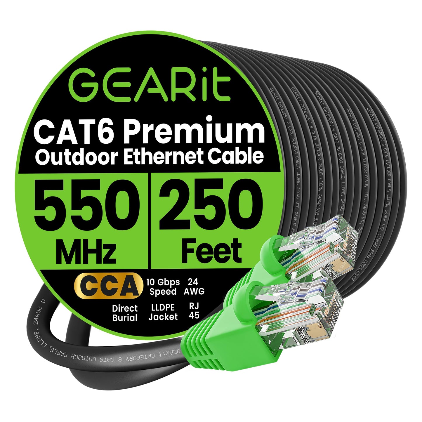 GearIT Cat6 Outdoor Ethernet Cable (250 Feet) CCA Copper Clad, Waterproof, Direct Burial, In-Ground, UV Jacket, POE, Network, Internet, Cat 6, Cat6 Cable - 250ft