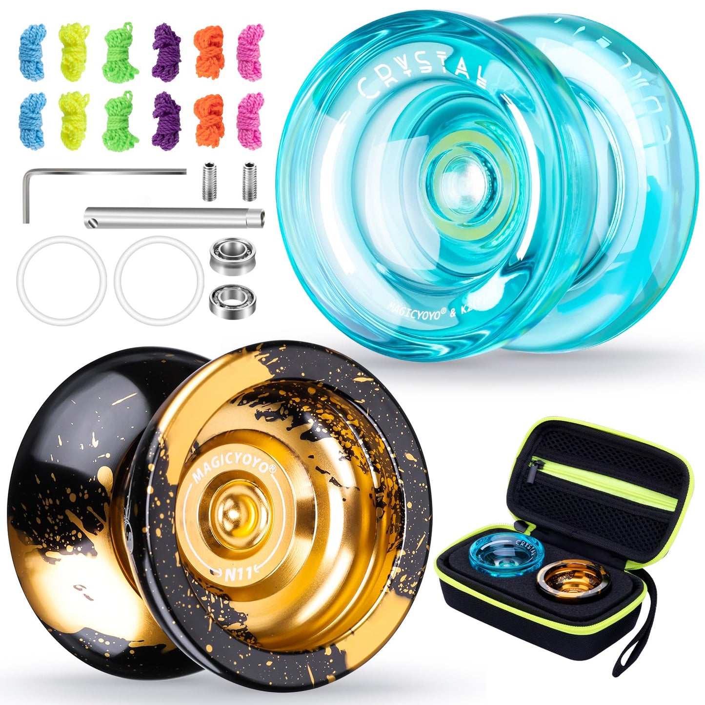 MAGICYOYO Professional Yoyo for Kids, Pack of 2 Yoyos, Unresponsive Yo Yo N11 and Responsive Yo yo K2, Dual Purpose Yo-yo for Beginner/Advanced, Extra Yoyo Case + 12 Strings + Bearing Kit