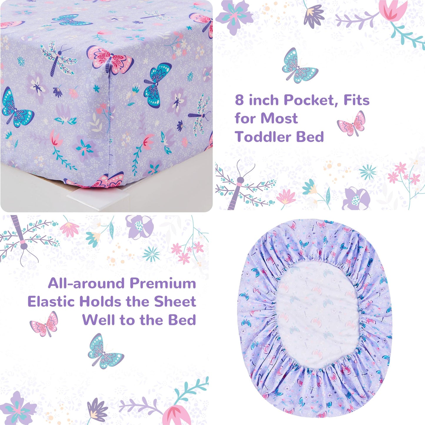 Lasoftan Butterfly Toddler Bedding Set for Girls, 4 Piece Bed-in-a-Bag Toddler Comforter Sets, Super Soft and Comfortable Microfiber Todeeler Bed Set