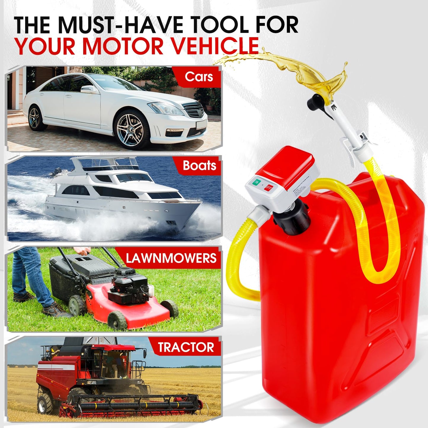 Fuel Transfer Pump with Auto-Stop Sensor-3.2GPM,30s Alert Beep,Overfill Protection,51"Hose Transfer Pump Battery Powered with 4 Tank Adapter,Portable Liquid Pump with Nozzle for Gasoline,Diesel,Oil
