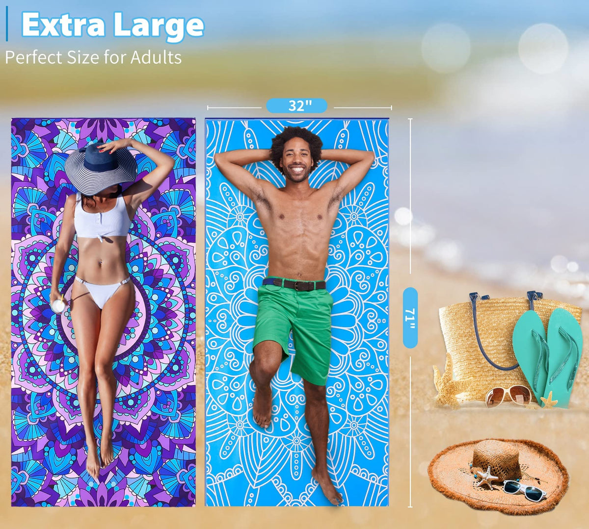 4 Pack Microfiber Thin Lightweight Beach Towel Oversized 71x32 Extra Large Sand Free Towels for Travel Swim Pool Yoga Gym Camping for Adults Women Men Beach Essentials Accessories Vacation Gift