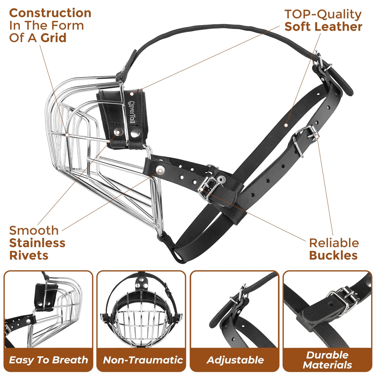 CleverTail Metal Muzzle for Boxer Dog Breed – Bite Proof Boxer Muzzle for Medium and Large Sized Dogs – Steel Wire Basket Muzzles for Dogs English Bulldog, American Bulldog etc.