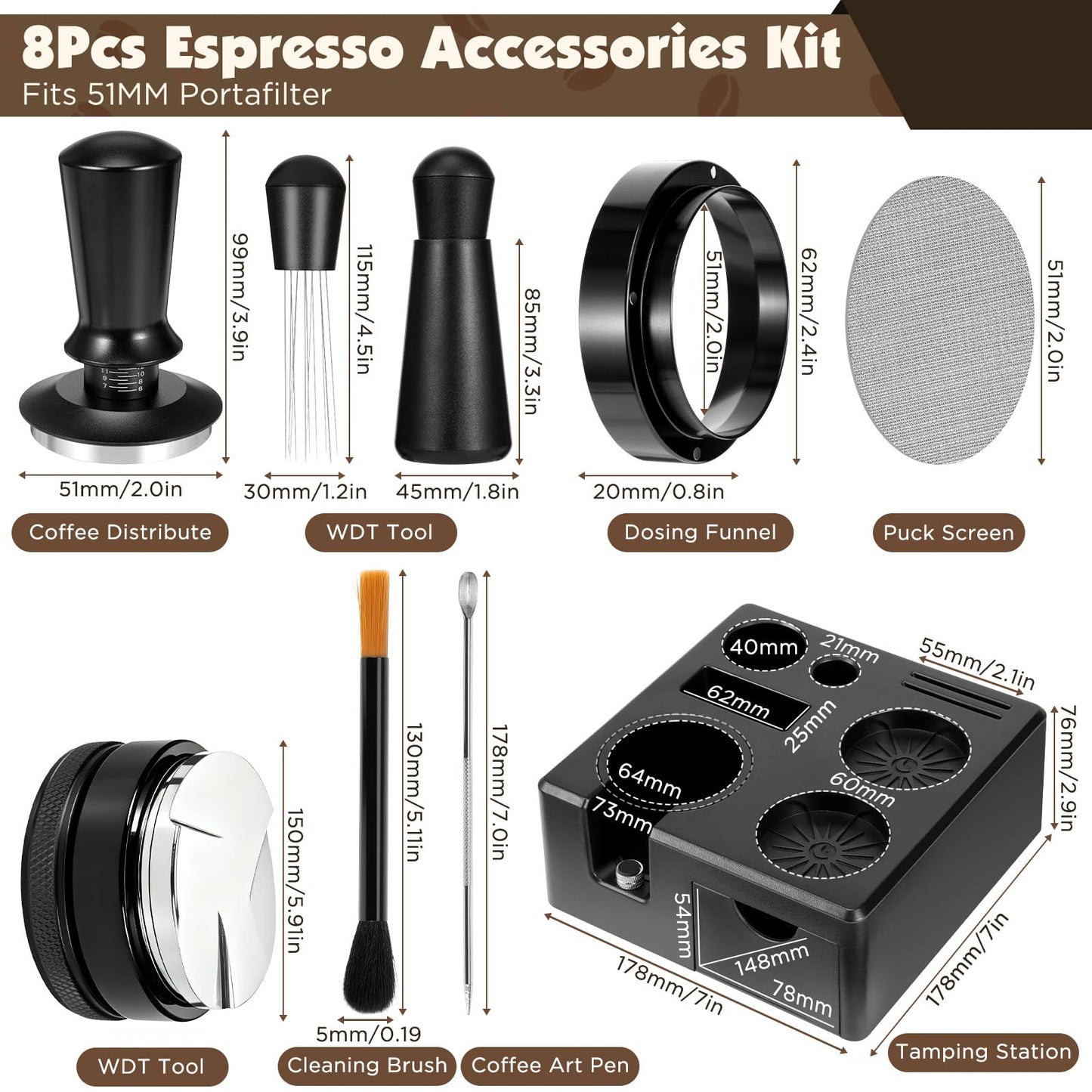 8 PCS Espresso Accessories Kit,51mm Espresso Tamper Tools,WDT Tool Espresso,Espresso Tamping Station, Distributor, Stirrer, Dosing Funnel,Puck Screen, Brush and Latte Art Pen