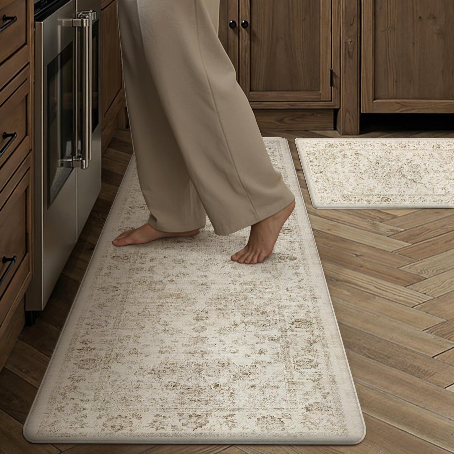 WondRg Kitchen Mats for Floor Set of 2 Anti Fatigue Waterproof Kitchen Rug Beige Neutral Washable Non-Slip Kitchen Mats Comfort Standing Mat Cushioned for Sink Laundry Office 17.3"×47"+17.3"×30"