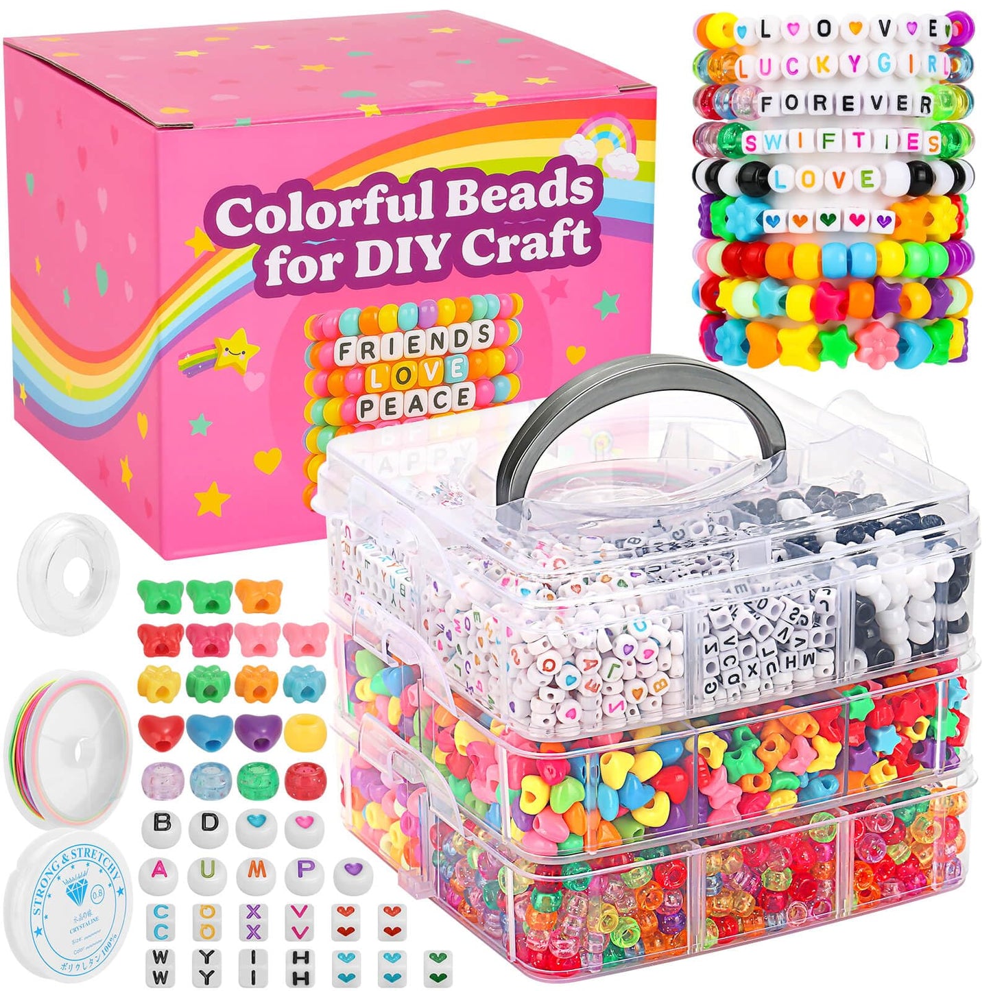 shynek 3800 Pony Beads: Bulk for Bracelets, Hair Braids & Craft - Colorful Plastic, Kandi, Star & Letter Beads for Jewelry Making