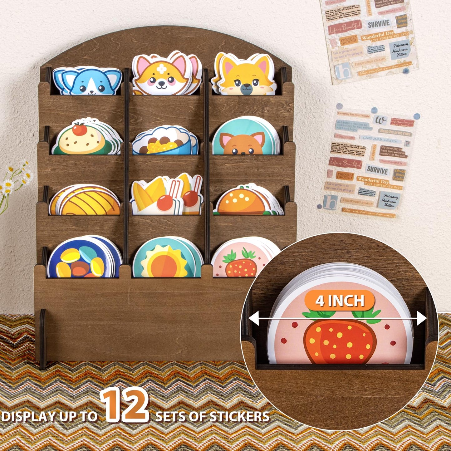 Wooden Sticker Display Stand, Sticker Holder Display Organizer with 12 Pockets for Greeting Card, Postcard, Coaster, Bookmark, Brochure, Vendors, Retail, Brown
