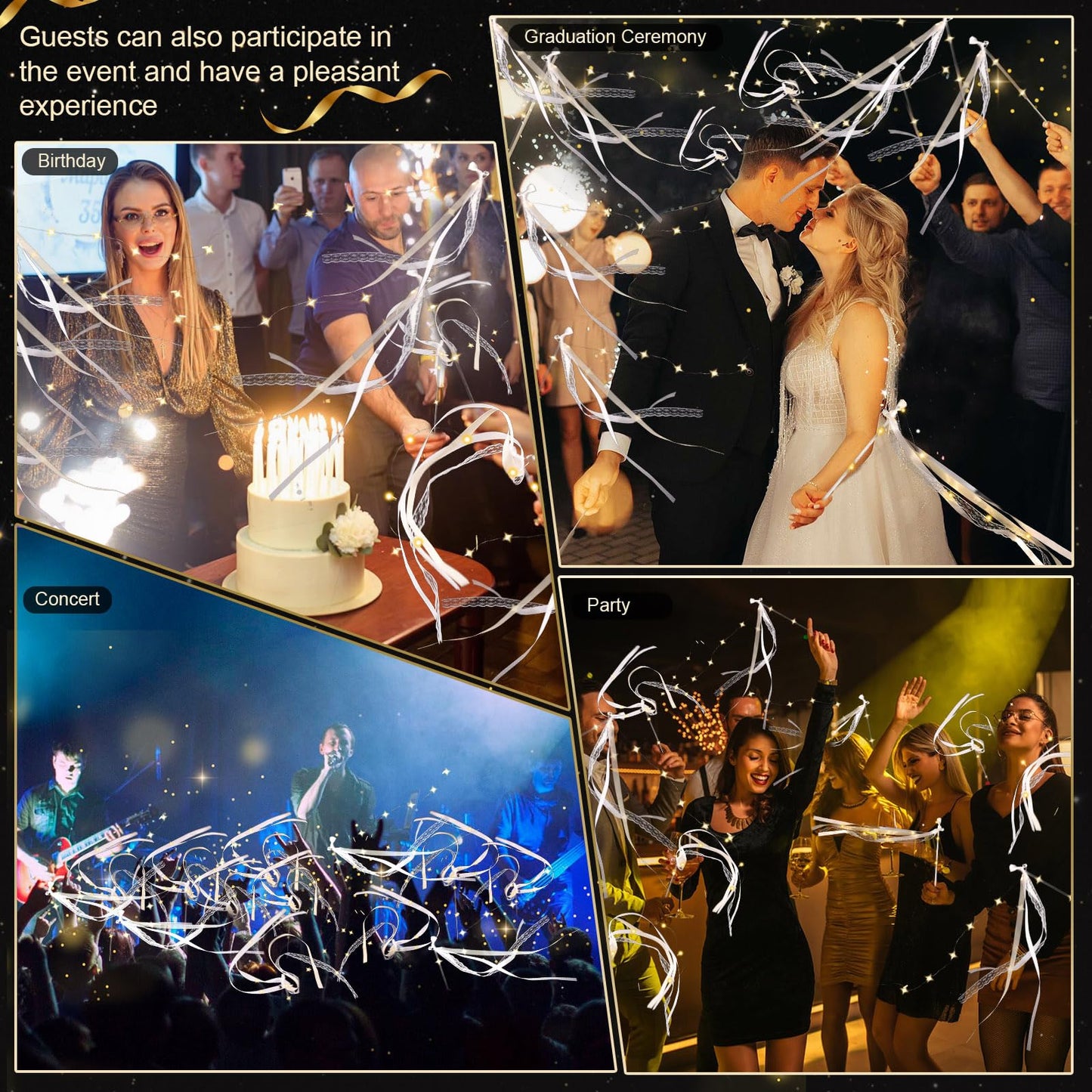 50 Pcs Wedding Wands Ribbon Streamers with 3 Colorful Flashing Modes, Light up LED Silk Fairy Wands, Glow Lace Stick with Bells for Wedding Reception, Graduation, New Year, Birthday Party (Warm White)