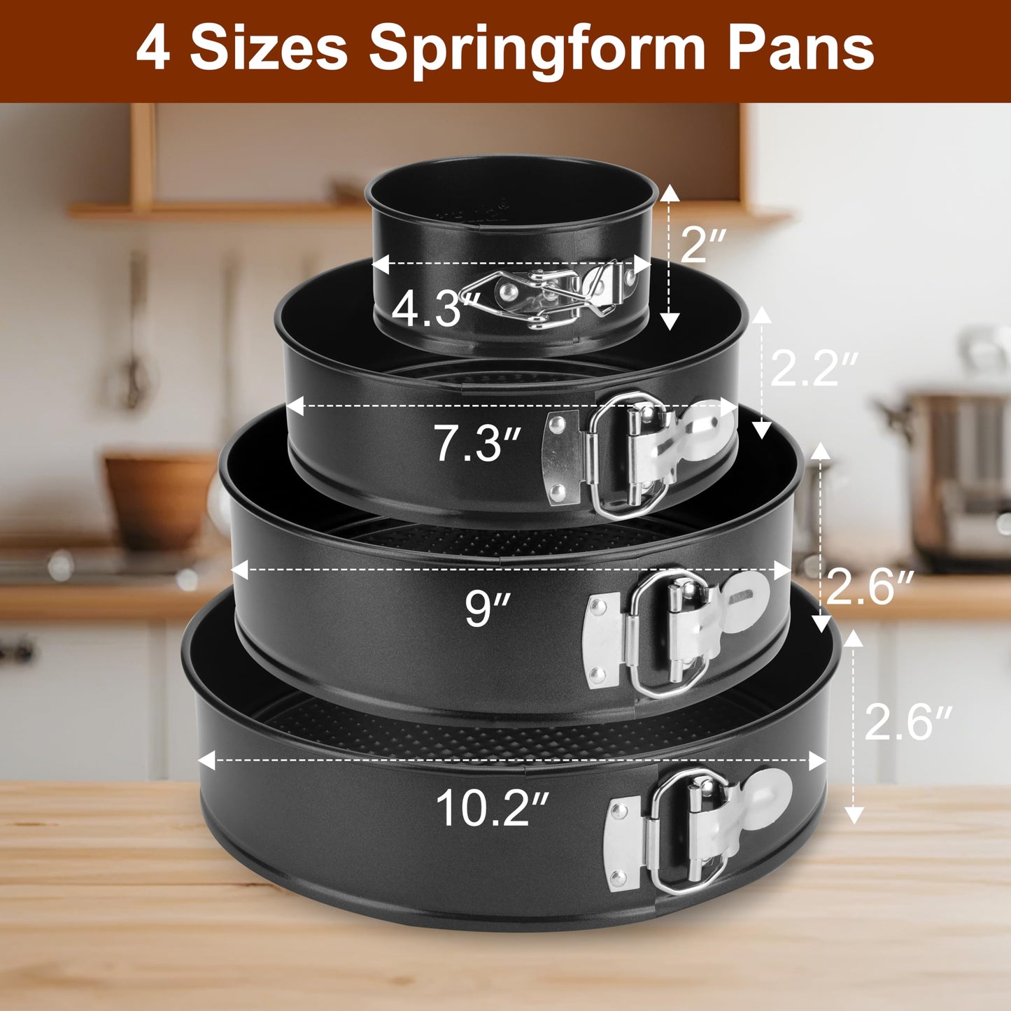 isheTao Springform Cake Pan Set of 4 (4” 7” 9” 10”), Black Cheesecake Pan, Round Nonstick Baking Pans Spring Form for Cheesecake, Removable Bottom, Leakproof Bakeware Sets