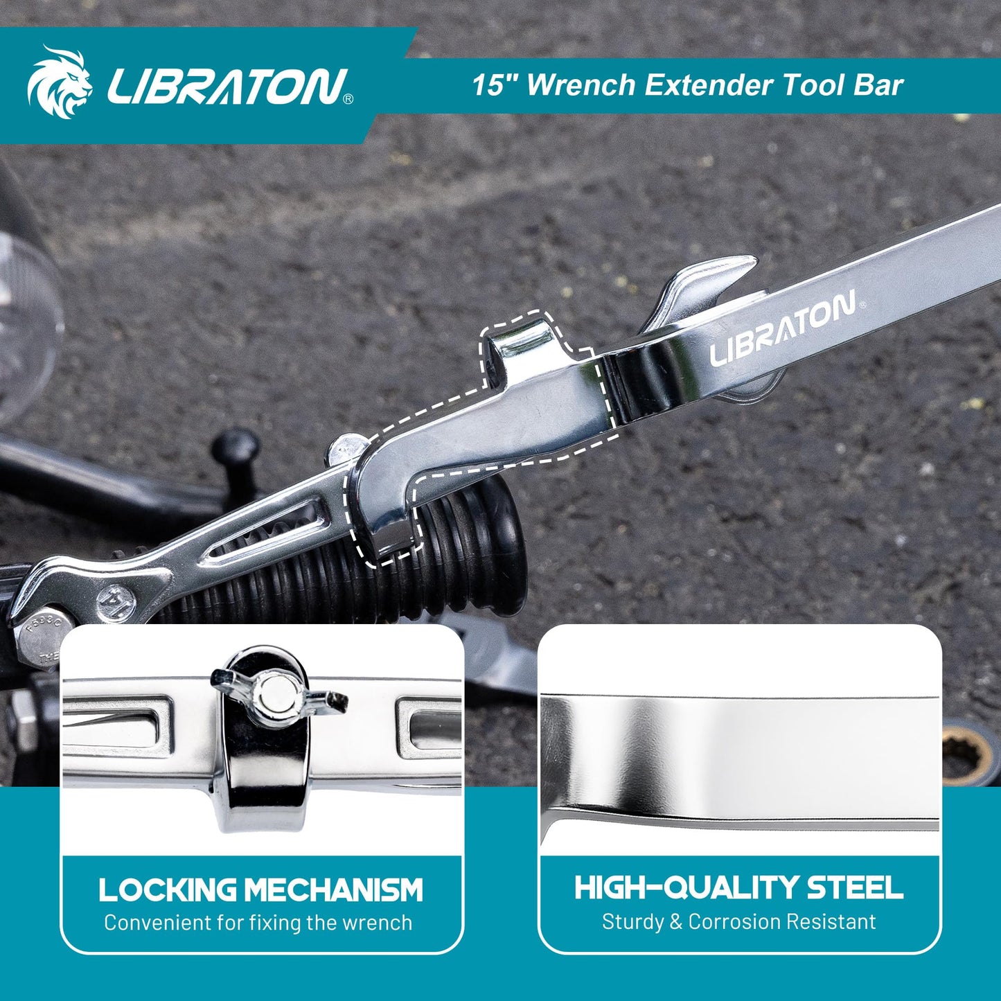 LIBRATON 15" Wrench Extender Tool Bar, Heavy Duty Universal Wrench Extender for Maximum Leverage, Torque Adaptor Extension for Automotive Repair & Mechanic, Extension Wrench with Non-Slip Grip