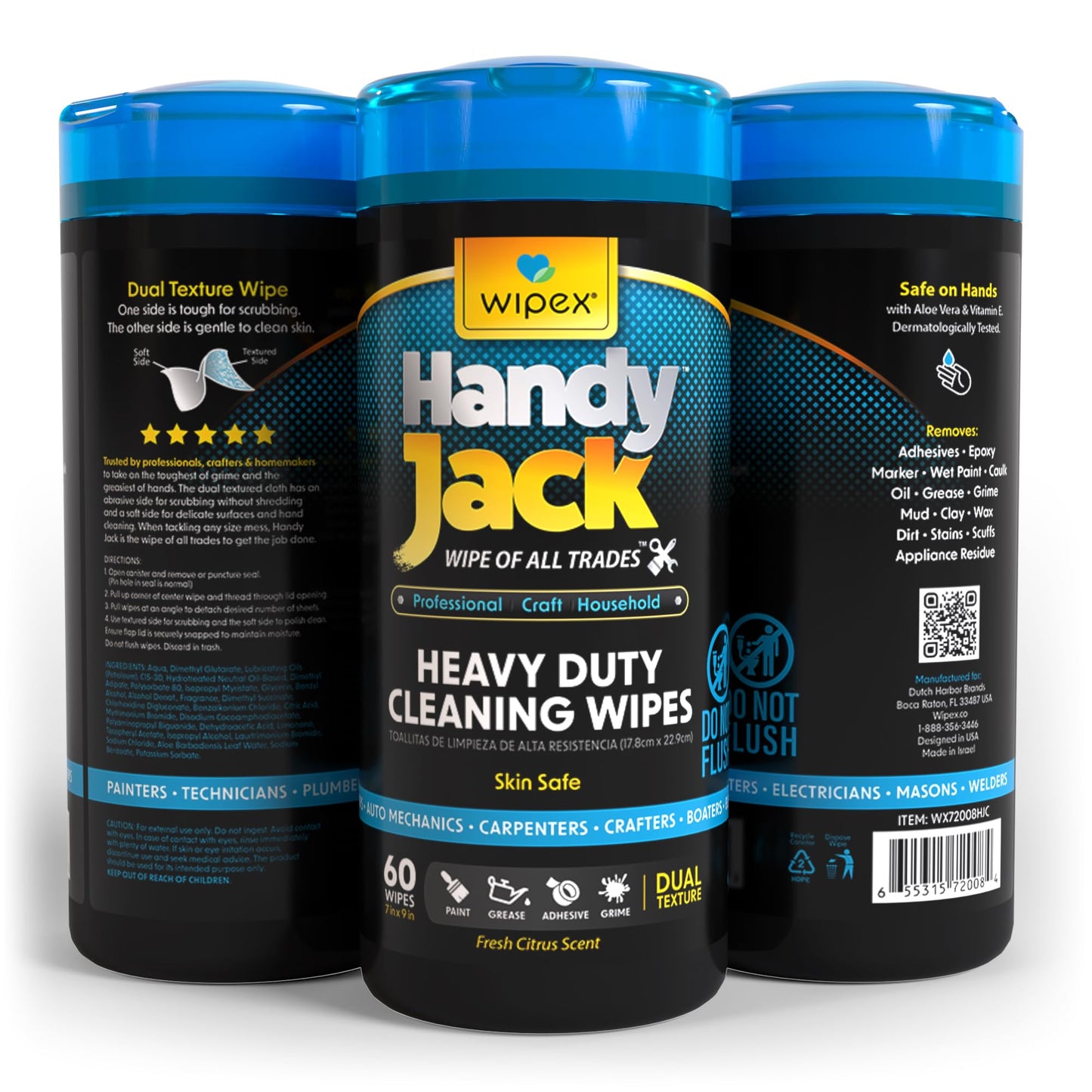 Wipex Handy Jack Heavy Duty Wipes, Dual Texture Cleaning Cloth – Used for Hands, Equipment, Tools, Garden, Automotive, Easily Removes Paint, Oil, Grease, & Dirt, 60 Count (Pack of 3)